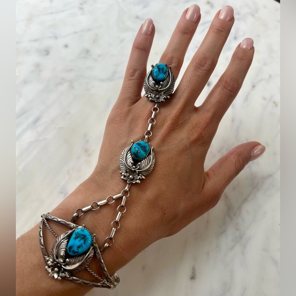 Jewelry - RARE VINTAGE NAVAJO 3 MORENCI TURQUOISE STERLING SILVER SLAVE BRACELET